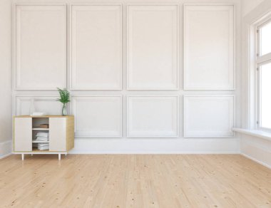 İçinde vazolar ve büyük duvarlar olan boş bir İskandinav odası fikri. İç kısımları kuzeyli. 3B illüstrasyon