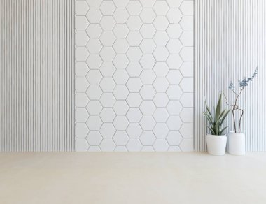 Beyaz boş bir İskandinav odası fikri. İçi ahşap zemin ve büyük duvarlarla dolu vazolarla dolu. İç kısımları kuzeyli. 3B illüstrasyon