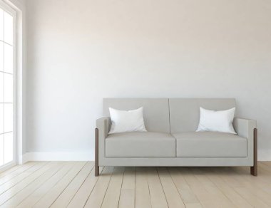 Minimalist bir oturma odası ve ahşap zeminde bir kanepe. İç kısımları kuzeyli. 3B illüstrasyon