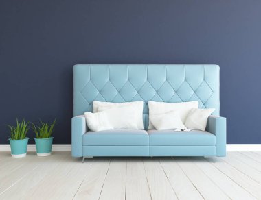 Mavi minimalist bir oturma odası ve ahşap zeminde bir kanepe. İç kısımları kuzeyli. 3B illüstrasyon