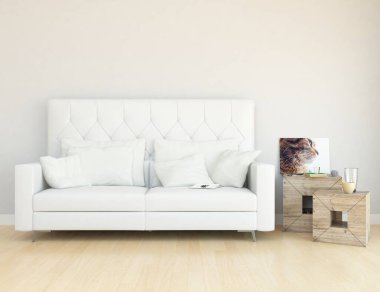 Beyaz minimalist oturma odasının içinde, ahşap zeminde kanepe var. İç kısımları kuzeyli. 3B illüstrasyon