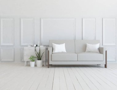 Beyaz minimalist oturma odasının içinde, ahşap zeminde kanepe var. İç kısımları kuzeyli. 3B illüstrasyon