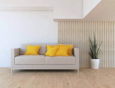 Minimalist bir oturma odası ve ahşap zeminde bir kanepe. İç kısımları kuzeyli. 3B illüstrasyon