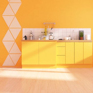 İskandinav odasının mutfağın içinde olması fikri. İç kısımları kuzeyli. 3B illüstrasyon 