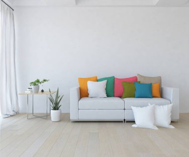Beyaz minimalist oturma odasının içinde, ahşap zeminde kanepe var. İç kısımları kuzeyli. 3B illüstrasyon