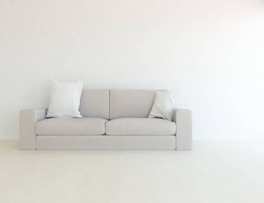 Beyaz minimalist oturma odasının içinde, ahşap zeminde kanepe var. İç kısımları kuzeyli. 3B illüstrasyon