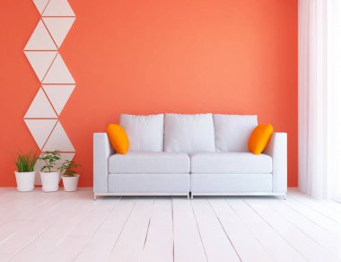 Minimalist bir oda ve kanepe. İç kısımları kuzeyli. 3B illüstrasyon