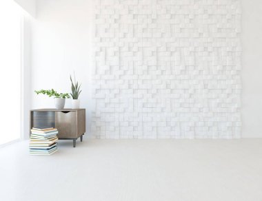 Ahşap zeminli hafif minimalist oda. İç kısımları kuzeyli. 3B illüstrasyon