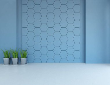 Dekoratif unsurlarla dolu mavi İskandinav odası fikri. İç kısımları kuzeyli. 3B illüstrasyon 