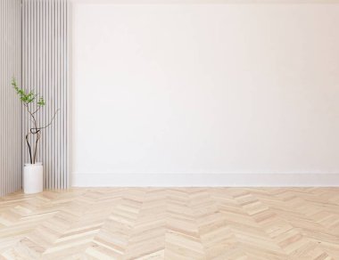 Ahşap zemin ve büyük bir duvarda vazo olan boş bir İskandinav odası fikri. İç kısımları kuzeyli. 3B illüstrasyon