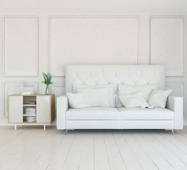 Beyaz minimalist oturma odasının içinde, ahşap zeminde kanepe var. İç kısımları kuzeyli. 3B illüstrasyon