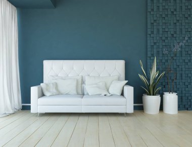 Mavi minimalist bir oturma odası ve ahşap zeminde bir kanepe. İç kısımları kuzeyli. 3B illüstrasyon