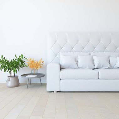 Beyaz minimalist oturma odasının içinde, ahşap zeminde kanepe var. İç kısımları kuzeyli. 3B illüstrasyon