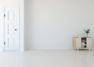 Beyaz, boş, vazo ve büyük duvarlı bir Skandyan odası fikri. İç kısımları kuzeyli. 3B illüstrasyon