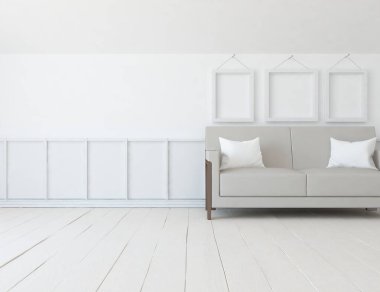 Beyaz minimalist oturma odasının içinde, ahşap zeminde kanepe var. İç kısımları kuzeyli. 3B illüstrasyon