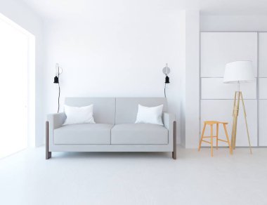 Beyaz minimalist oturma odasının içinde, ahşap zeminde kanepe var. İç kısımları kuzeyli. 3B illüstrasyon