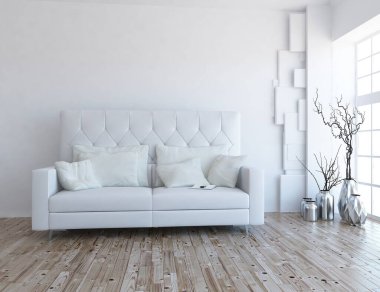 Beyaz minimalist oturma odasının içinde, ahşap zeminde kanepe var. İç kısımları kuzeyli. 3B illüstrasyon
