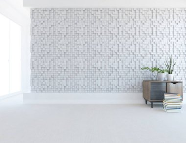 İçinde vazolar ve büyük duvarlar olan boş bir İskandinav odası fikri. İç kısımları kuzeyli. 3B illüstrasyon