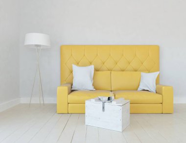 Minimalist bir oturma odası ve ahşap zeminde bir kanepe. İç kısımları kuzeyli. 3B illüstrasyon