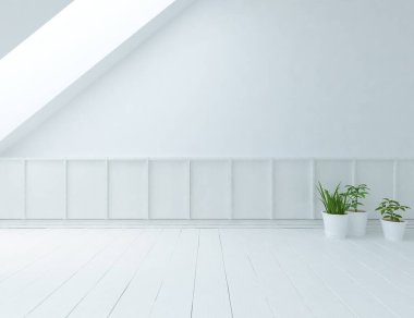 Beyaz boş bir İskandinav odası fikri. İçi ahşap zemin ve büyük duvarlarla dolu vazolarla dolu. İç kısımları kuzeyli. 3B illüstrasyon