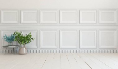 Beyaz boş bir İskandinav odası fikri. İçi ahşap zemin ve büyük duvarlarla dolu vazolarla dolu. İç kısımları kuzeyli. 3B illüstrasyon