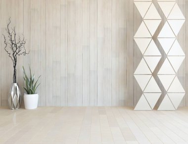 Beyaz boş bir İskandinav odası fikri. İçi ahşap zemin ve büyük duvarlarla dolu vazolarla dolu. İç kısımları kuzeyli. 3B illüstrasyon