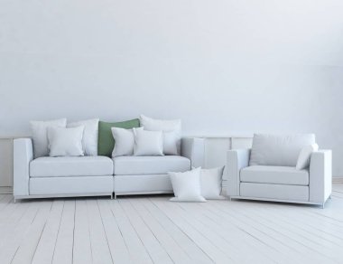 Beyaz minimalist oturma odasının içinde, ahşap zeminde kanepe var. İç kısımları kuzeyli. 3B illüstrasyon