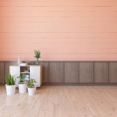 Dekoratif unsurlarla donatılmış pembe İskandinav odası fikri. İç kısımları kuzeyli. 3B illüstrasyon 