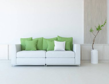 Minimalist bir oturma odası ve ahşap zeminde bir kanepe. İç kısımları kuzeyli. 3B illüstrasyon