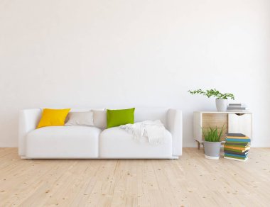 Minimalist bir oturma odası ve ahşap zeminde bir kanepe. İç kısımları kuzeyli. 3B illüstrasyon