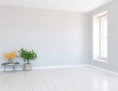 Beyaz boş bir İskandinav odası fikri. İçi ahşap zemin ve büyük duvarlarla dolu vazolarla dolu. İç kısımları kuzeyli. 3B illüstrasyon