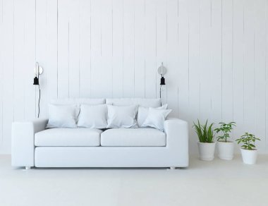 Beyaz minimalist oturma odasının içinde, ahşap zeminde kanepe var. İç kısımları kuzeyli. 3B illüstrasyon