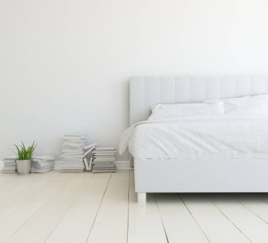 Yatak odasının içinde yatak var. Renkli elementlerin iç mimarisi ile kuzeye dönük. 3B illüstrasyon