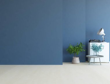 Dekoratif unsurlarla dolu mavi İskandinav odası fikri. İç kısımları kuzeyli. 3B illüstrasyon 