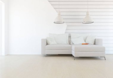 Beyaz minimalist oturma odasının içinde, ahşap zeminde kanepe var. İç kısımları kuzeyli. 3B illüstrasyon