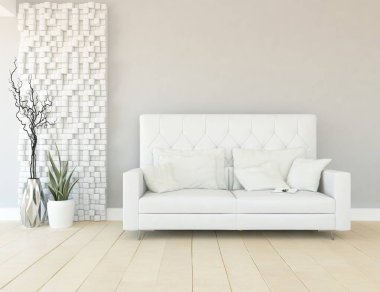 Minimalist bir oturma odası ve ahşap zeminde bir kanepe. İç kısımları kuzeyli. 3B illüstrasyon