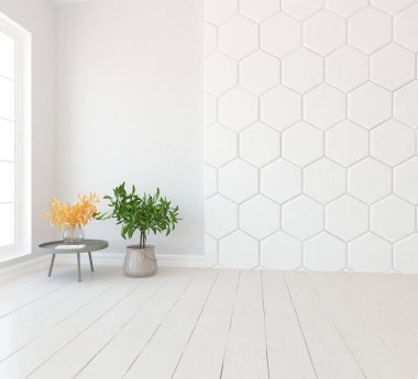 Beyaz boş bir İskandinav odası fikri. İçi ahşap zemin ve büyük duvarlarla dolu vazolarla dolu. İç kısımları kuzeyli. 3B illüstrasyon