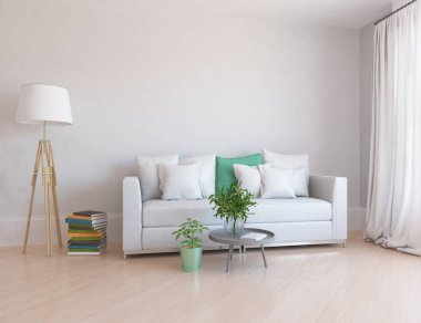 Beyaz minimalist oturma odasının içinde, ahşap zeminde kanepe var. İç kısımları kuzeyli. 3B illüstrasyon