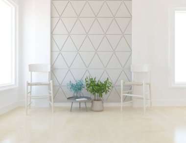 Beyaz boş bir İskandinav odası fikri. İçi ahşap zemin ve büyük duvarlarla dolu vazolarla dolu. İç kısımları kuzeyli. 3B illüstrasyon