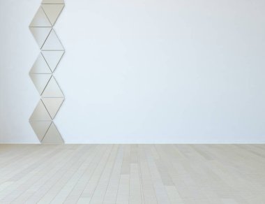 Minimalist, içi ahşap zeminli boş bir oda. İç kısımları kuzeyli. 3B illüstrasyon