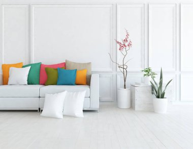 Minimalist bir oturma odası ve ahşap zeminde bir kanepe. İç kısımları kuzeyli. 3B illüstrasyon