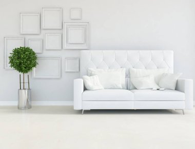 Beyaz minimalist oturma odasının içinde, ahşap zeminde kanepe var. İç kısımları kuzeyli. 3B illüstrasyon