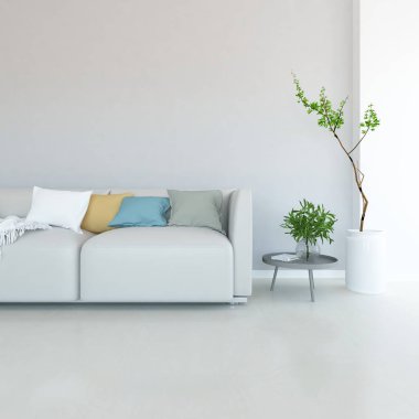 Minimalist bir oturma odası ve ahşap zeminde bir kanepe. İç kısımları kuzeyli. 3B illüstrasyon