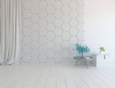 Dekoratif unsurlarla dolu boş bir İskandinav odası fikri. İç kısımları kuzeyli. 3B illüstrasyon 