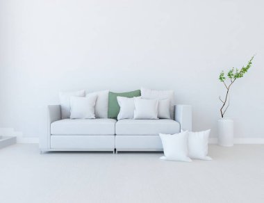 Beyaz minimalist oturma odasının içinde, ahşap zeminde kanepe var. İç kısımları kuzeyli. 3B illüstrasyon