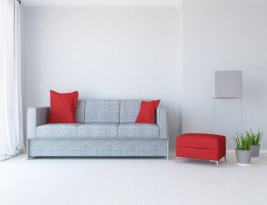 Minimalist bir oturma odası ve ahşap zeminde bir kanepe. İç kısımları kuzeyli. 3B illüstrasyon