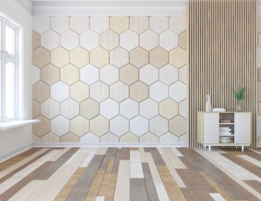 Minimalist, içi ahşap zeminli boş bir oda. İç kısımları kuzeyli. 3B illüstrasyon