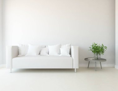 Beyaz minimalist oturma odasının içinde, ahşap zeminde kanepe var. İç kısımları kuzeyli. 3B illüstrasyon