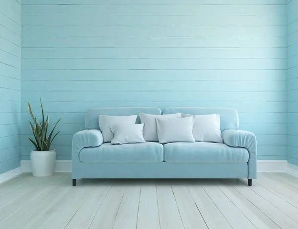 Blue minimalist living room interior with sofa on a wooden floor. Home nordic interior. 3D illustration
