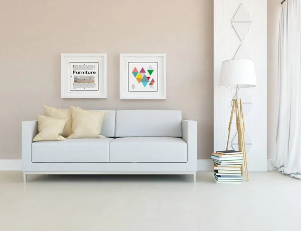 Light minimalist living room interior with sofa on a wooden floor. Home nordic interior. 3D illustration